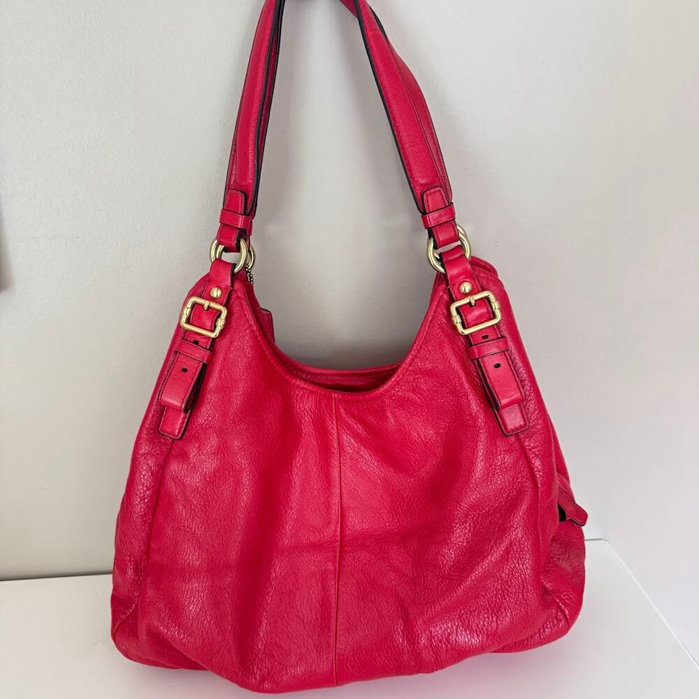 Coach Madison Maggie Red Pebbled Leather Shoulder Bag Large Hobo Purse 16503 - Picture 4 of 13